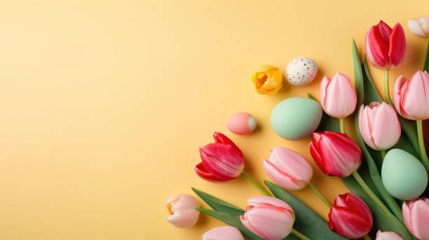 istock Top View of Happy Easter celebration background with tulips and decorative eggs 1478285096