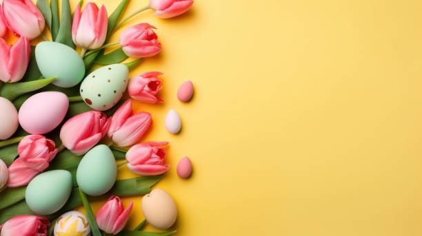 istock Top View of Happy Easter greeting background with tulips and decorative eggs 1478285125