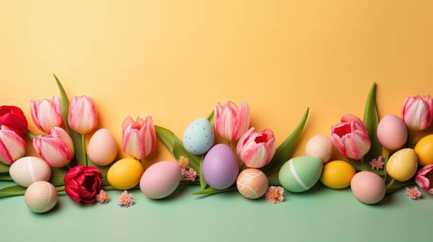 istock Happy easter holiday background with tulips and decorative eggs 1478285187