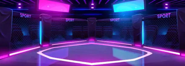 Vector illustration of Cartoon boxing ring illuminated with neon lights