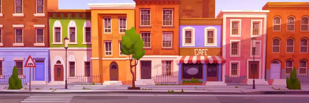 Vector illustration of Cartoon city street with nice houses and cafe