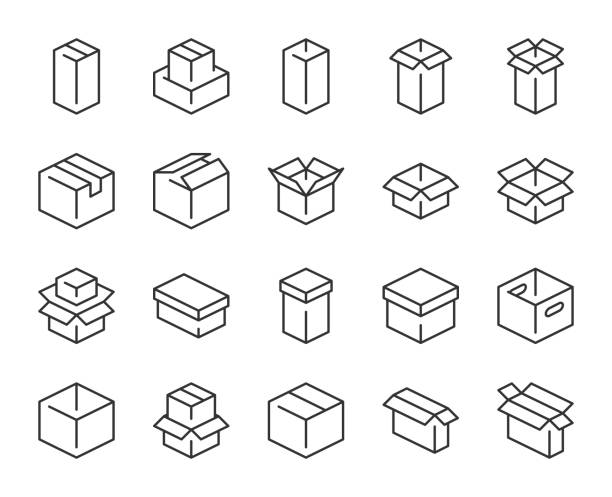 ilustraciones, imágenes clip art, dibujos animados e iconos de stock de caja - iconos de línea de luz - envase de cartón