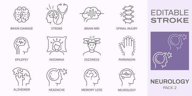 80653_ÐÐ¾Ð½ÑÐ°Ð¶Ð½Ð°Ñ Ð¾Ð±Ð»Ð°ÑÑÑ 1 ÐºÐ¾Ð¿Ð¸Ñ 2 Neurology icons, such as Alzheimer, Parkinson, insomnia, brain mri and more. Editable stroke. neurodegenerative disease stock illustrations