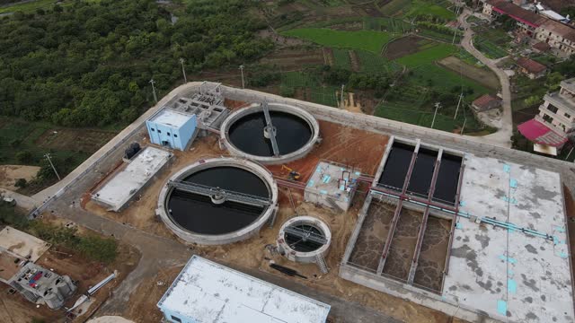 Aerial view of the equipment of the sewage treatment plant in operation