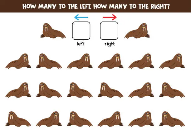 Vector illustration of Left or right with cute cartoon walrus. Logical worksheet for preschoolers.
