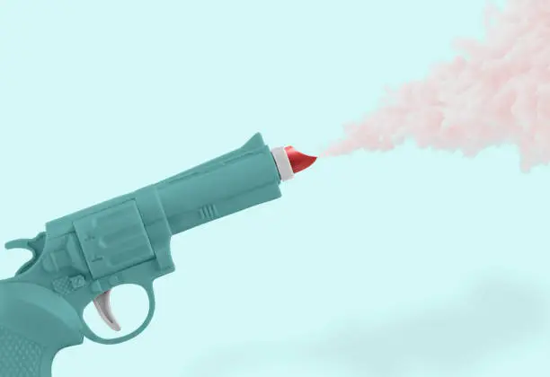 Minimal abstract funny scene made with gun, red lipstick and pale-pink smoke on isolated pastel blue color background. Creative concept of love troubles or quarrel.