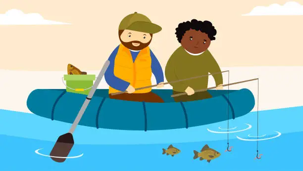 Vector illustration of Two friends fishing on a boat. Vector illustration
