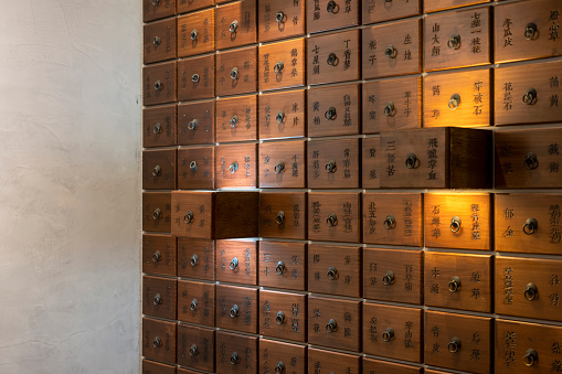 Wooden drawers with metal ornaments in an old-fashioned library. Wooden boxes with index cards in library.