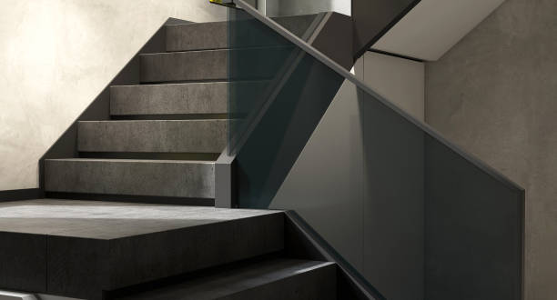 moderna ed elegante scala in pietra di cemento nero a forma di u, scala di pianerottolo con finestra, pannello in vetro temperato, corrimano in acciaio inox in sala pareti in cemento lucido, pavimento in moquette - concrete wall railing metal bannister foto e immagini stock