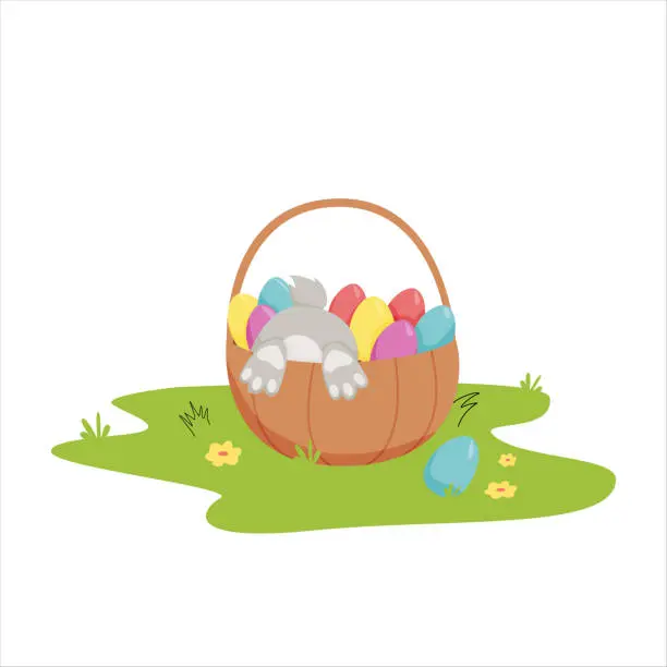 Vector illustration of Happy easter. Bunny hiding in a basket of Easter eggs