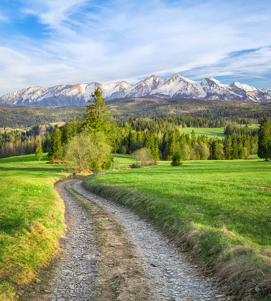 Countryside road in foothills of the Tatras mountains, Poland.