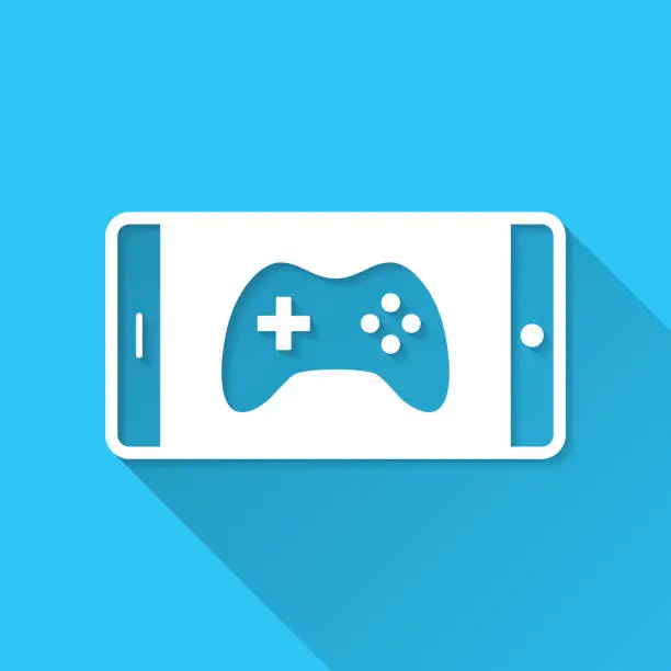 Vector illustration of Video game on smartphone. Icon on blue background - Flat Design with Long Shadow