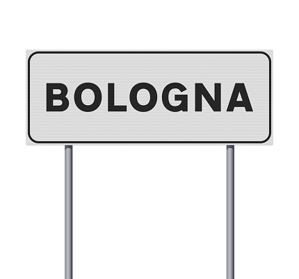 Vector illustration of the City of Bologna (Italy) entrance white road sign on metallic poles