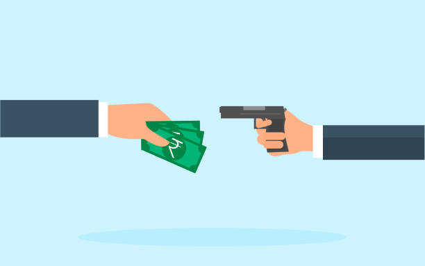 Hand holding a handgun for robbery Hand holding a handgun for robbery. victim holding banknotes in hand. Vector illustration. wallet gun stock illustrations