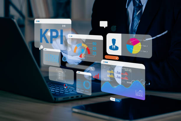 istock Key Performance Indicator KPI using Business Intelligence (BI) metrics to measure achievement versus planned target, person touching screen icon, success. 1478300502