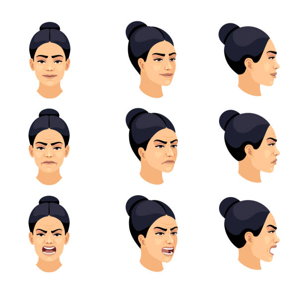 Young woman facial emotions set. Young man with different facial expressions. side eye expression stock illustrations