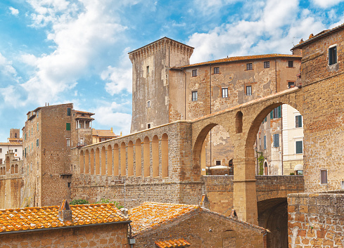 This photo captures  Pitigliano, a charming hilltop town located in the province of Grosseto, Tuscany. The walls are made of a golden-hued stone that contrasts beautifully against the clear blue sky.