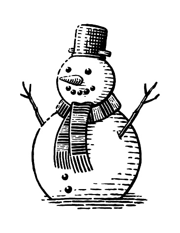 Old, engraving style illustration of a cute snowman