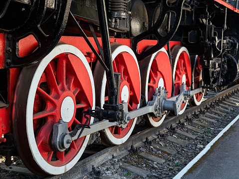 close up shot of old Steam Locomotive in smoke.