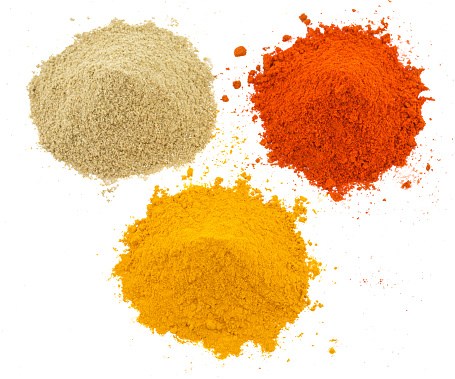 Indian Heap of Colorful Spices Also Know as Red Chilli Powder, Turmeric Powder, Coriander Powder, Mirchi, Mirch, Haldi, Dhaniya Powder Isolated on White Background