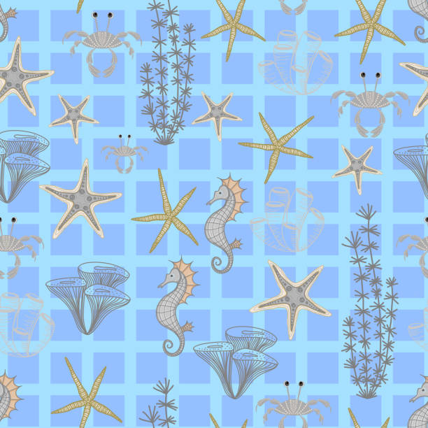 istock Seamless pattern in marine style. Sea stars on a blue background. Ocean and underwater world. Cool trendy summer pattern 1478305359
