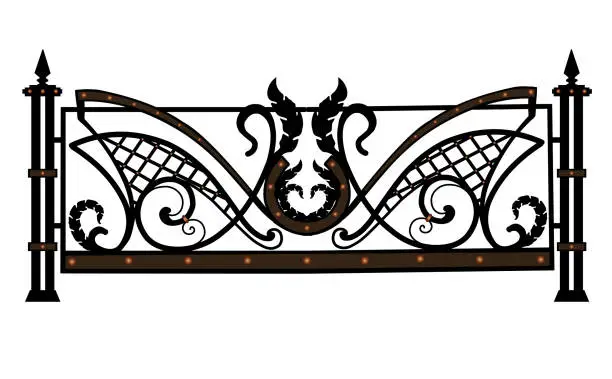 Vector illustration of Decorative fences and gates. Set of vintage wrought metal fences with gates. Isolated black silhouette on white background. Vector