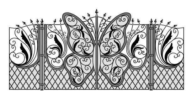 Vector illustration of Decorative fences and gates. Set of vintage wrought metal fences with gates. Isolated black silhouette on white background. Vector