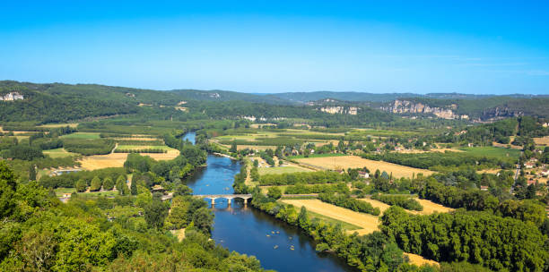 River Dordogne, panoramic view of French countryside, France stock photo