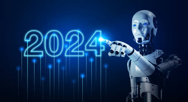 istock 3d rendering AI robot humanoid touching on 2024 calendar year number, glowing on dark blue background. Happy new year, Business growth and technology development with artificial intelligence. 1478307351