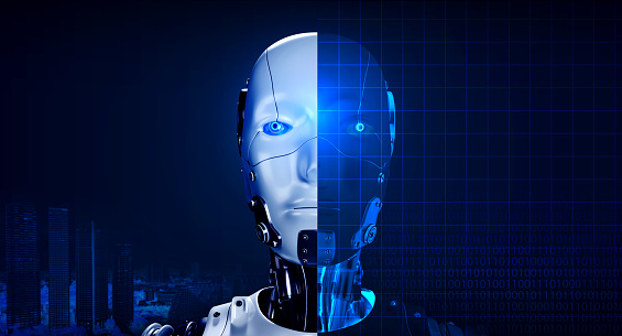 Reality robot face on cityscape and a half transparent face, front view, on digital binary code on blue network background, AI, artificial intelligence humanoid machine learning technology concept.