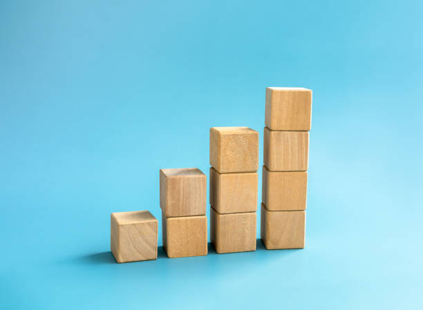 istock Blank wooden cube blocks bar graph chart steps, isolated on blue background, investment, income, trends, inflation, business growth, economic improvement concepts. Four step eco style wood graph. 1478307412