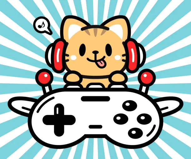 Vector illustration of Cute character design of a little cat wearing headphones and flying a plane made out of a game controller