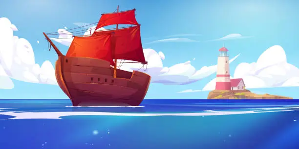 Vector illustration of Sea landscape with lighthouse on island and ship