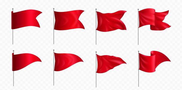 Red flags and pennants on poles mockup Red flags and pennants on poles mockup. Blank fabric banners triangle, rectangle and corner shape on steel stand isolated on transparent background, vector realistic set flagpole stock illustrations
