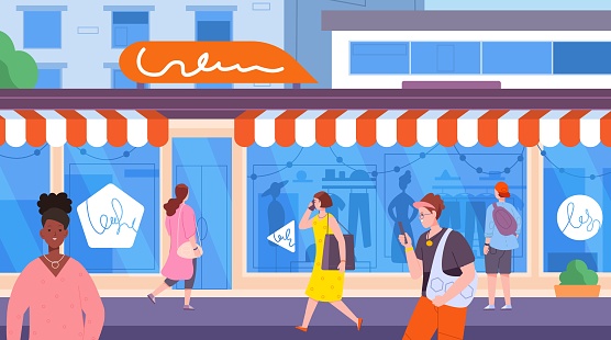 Fashion boutique outside. Entrance in clothes outlet with shop mannequins or mall store, people walking on city street and market customer vector illustration of door to shop, entrance of boutique