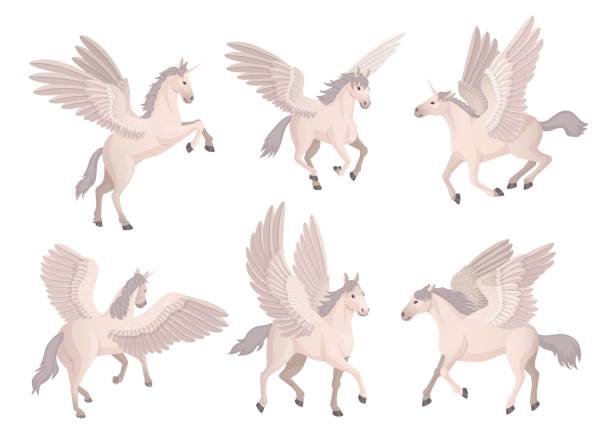 istock Flying pegasus. Cartoon mythical horse with wings, magical horses running poses animation, fairy unicorn animal fairytale creature steed in clouds, ingenious vector illustration 1478309600
