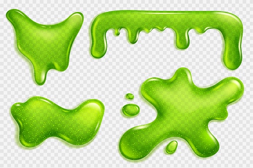 Green slime, jelly stain, liquid dripping snot or glue realistic vector isolated illustration on transparent background. Blot of toxic phlegm or slimy poison splash