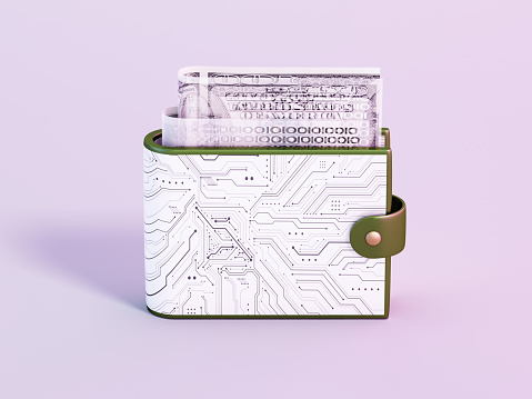 Wallet with PCB texture represents digital wallet and currency. Digital banking and Fintech concept.