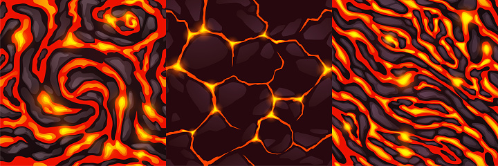 Textures of lava, magma and stones. Seamless patterns of volcano rock surface with cracks and flows of hot molten liquid lava in top view, vector cartoon illustration