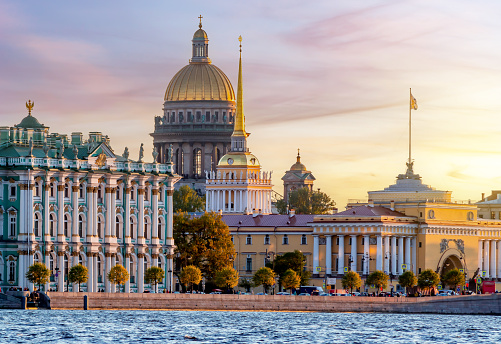 St. Petersburg cityscape with St. Isaac's Cathedral, Hermitage museum and Admiralty, Russia