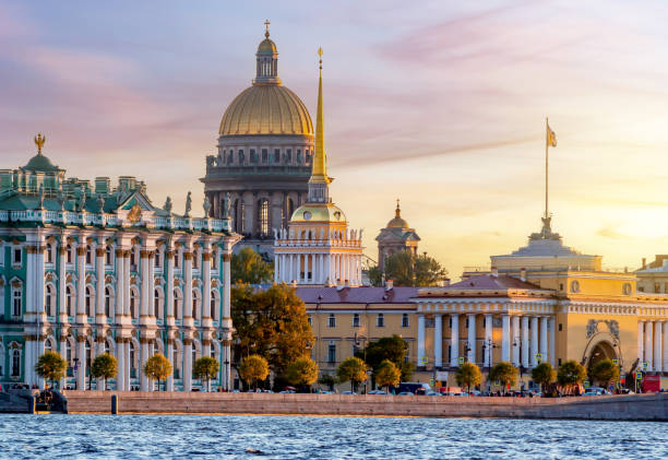 St. Petersburg cityscape with St. Isaac's Cathedral, Hermitage museum and Admiralty, Russia stock photo