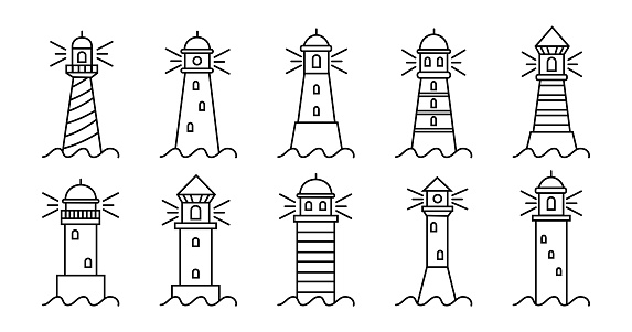 Line light houses, sea tower. Thin outline ocean beach, nautical safety, seaside sailing building with lamp beam, navigation on harbour. Logotype template, marine logo. Vector linear tidy icons set