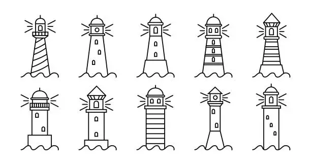 Vector illustration of Line light houses, sea tower. Thin outline ocean beach, nautical safety, seaside sailing building with beam, navigation on harbour. Logotype template, marine logo. Vector linear tidy icons set