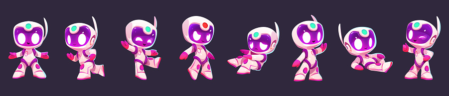 Cartoon vector illustration set of kid astronaut in space. Isolated little spaceman bot in white pink suit and helmet lie, run or go on background. Cute cosmic robot girl in various poses