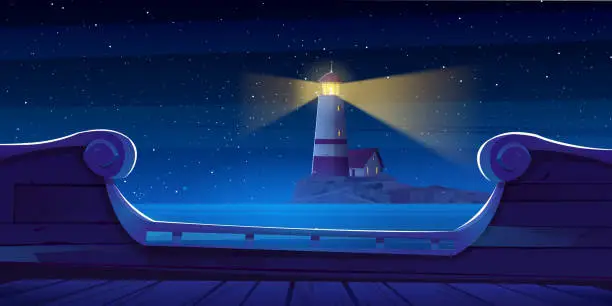 Vector illustration of Sea night landscape, lighthouse, ship deck view