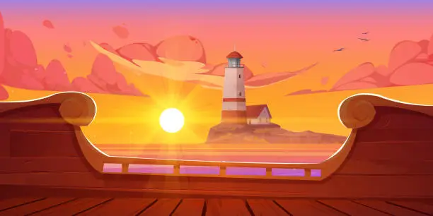 Vector illustration of Sea sunset landscape with lighthouse, ship deck
