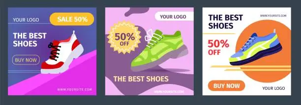 Vector illustration of Shoe sell. Social media banner. Footwear advertising post. Layout for store. Sneakers discount. Fashion sportswear sale. Athletic gumshoes. Design template. Vector nowaday flyers set