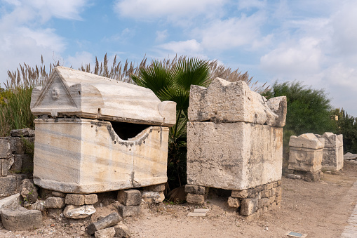 sarcophagus in Al-Bass Tyre necropolis. Roman remains in Tyre. Tyre is an ancient Phoenician city in the Lebanon
