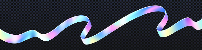 Holographic iridescent ribbon flying in air, pearlescent rainbow or unicorn blur tape, realistic vector isolated illustration. flowing wawy neon strip falling down
