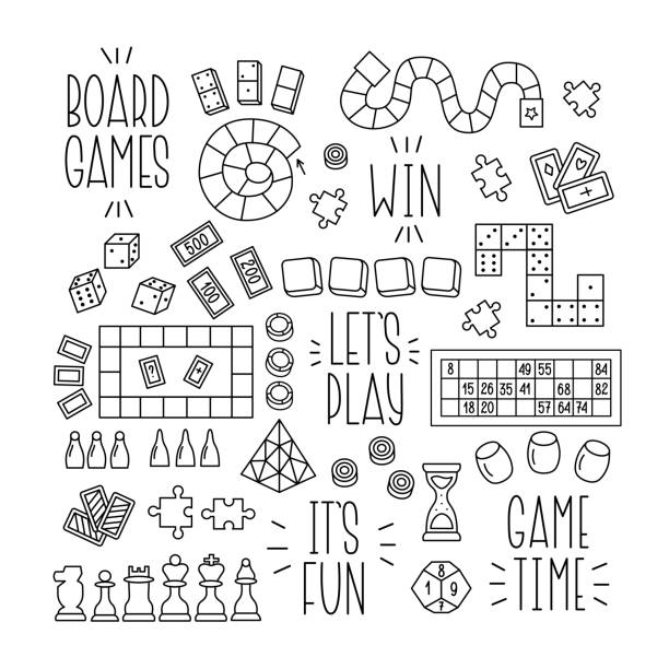 Board Games for Whole Family Doodle Set. Black and white Vector Outline Illustration of different Games. Board Games for Whole Family Doodle Set. Black and white Vector Outline Illustration of different Games. Home Entertainment Design Elements Editable Stroke. family word art stock illustrations
